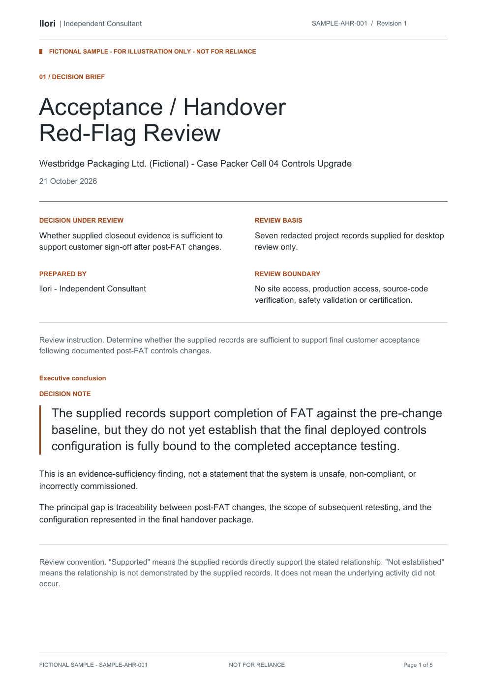 First page of the redesigned fictional Acceptance / Handover Red-Flag Review, SAMPLE-AHR-001, Revision 1. Full text available in the linked PDF.